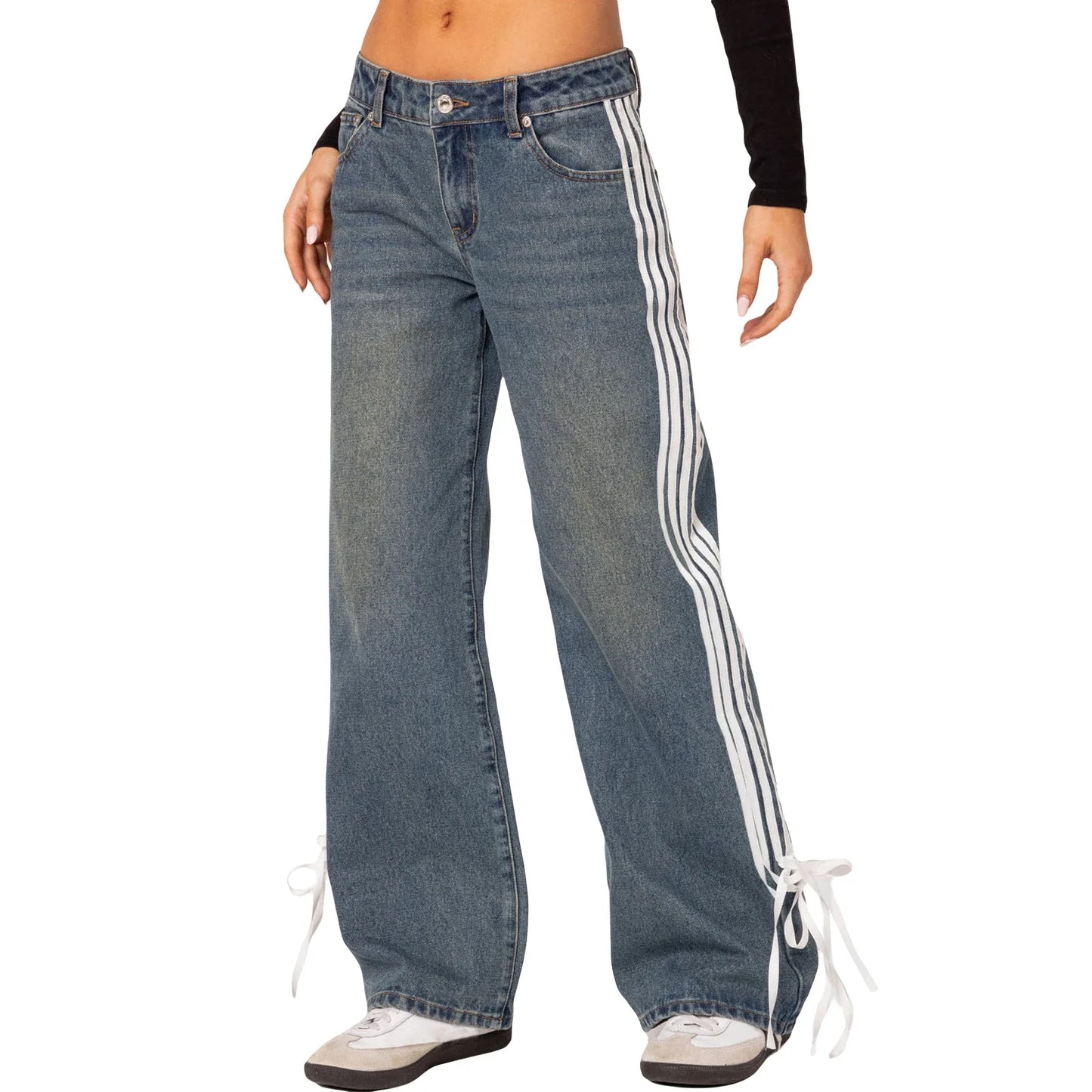 Women Vintage y2k Side Striped Bow Tie Jeans Boyfriend Low Rise Baggy Straight Wide Leg Jeans Casual Loose Fit Denim Pants