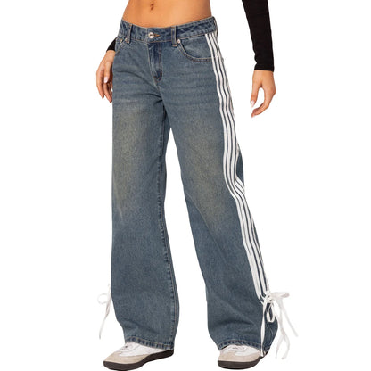 Women Vintage y2k Side Striped Bow Tie Jeans Boyfriend Low Rise Baggy Straight Wide Leg Jeans Casual Loose Fit Denim Pants