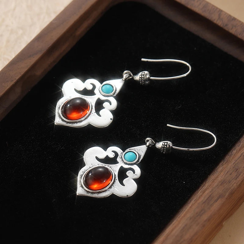 Traditional Earrings, Ethnic Tribal Earrings, Glass Stones, Carved Long Earrings, Heart Shape Earrings,