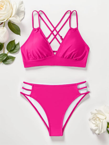 Solid Color Black Two Piece Swimsuit for Women Summer New High Waist Bikini Set Beach Vacation V-neck Backless Swimwear 2024
