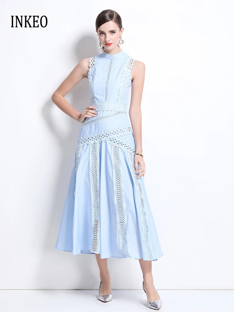 Elegant Women's Sleeveless midi dress Slim 2025 Summer Sky blue Lace patchwork dresses Luxury Black White Vestidos INKEO 5D069
