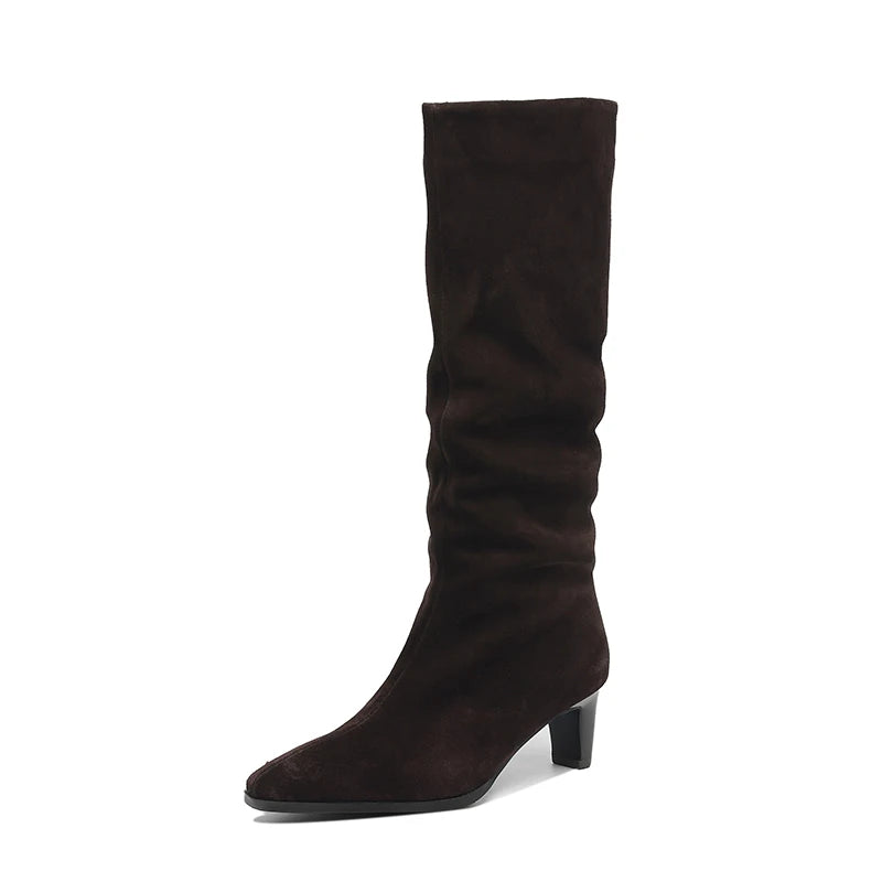 2025 New Trend Cow Suede Women Autumn Winter Slip-On Boots Chocolate Burgundy High Chunky Heels Square Toe Lady Knee High Boots