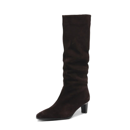 2025 New Trend Cow Suede Women Autumn Winter Slip-On Boots Chocolate Burgundy High Chunky Heels Square Toe Lady Knee High Boots