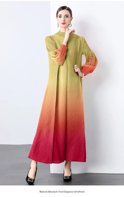Miyake Wrinkles Pleated Printed Chiffon Maxi Dresses Middle Eastern Clothing Women Loose Women High Neck Long Sleeves Stitching