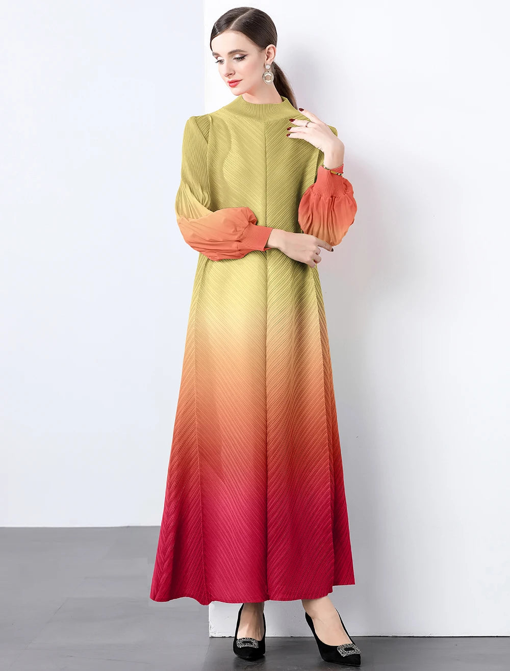 Miyake Wrinkles Pleated Printed Chiffon Maxi Dresses Middle Eastern Clothing Women Loose Women High Neck Long Sleeves Stitching