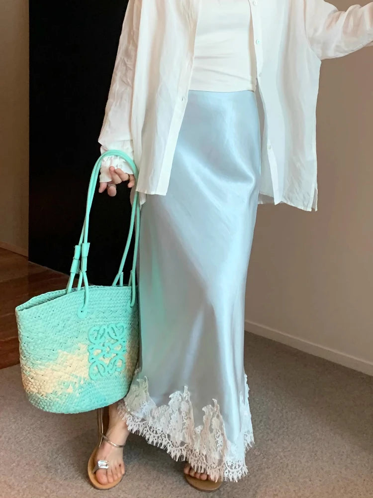 Elegant Long Skirts for Women Summer High Waist Lace Satin Skirt Women's A-line Korean Fashion Solid Color Loose Women's Skirt