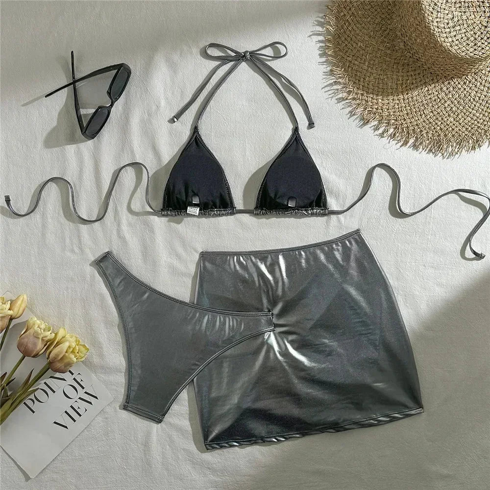 Gold Micro Thong String 3 Piece Bikini Set Damen Halter Swimwear Skirts Cover Ups Sexy Swimsuit Women 2026 Bathing Suit Bikinis