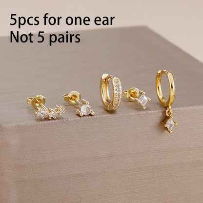 5PCS Stainless Steel Little Huggies Ear Stud Earrings Set For Women Tiny Crystal Zirconia Pendant Earrings Piercing Jewelry