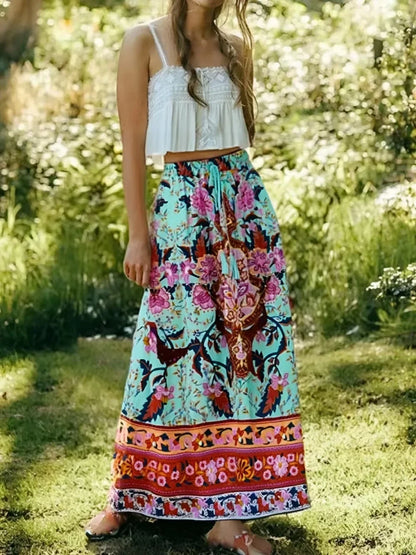 Boho Queens Peacock Women Vintage Floral Printed Tassel Beach Bohemian Maxi Skirts Ladies Elastic Waist Rayon Long Skirt