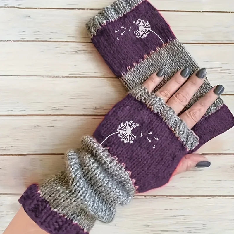Winter gloves, dandelion embroidered mitten gloves, retro outdoor-style fingerless gloves, women's warm gloves, thickened gloves