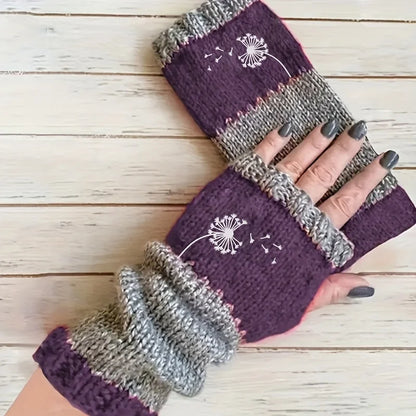 Winter gloves, dandelion embroidered mitten gloves, retro outdoor-style fingerless gloves, women's warm gloves, thickened gloves