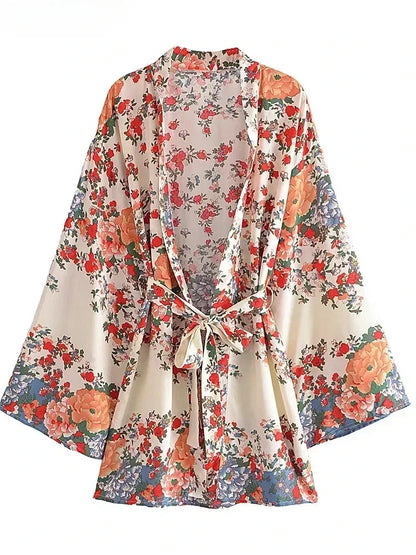 Multi Floral Print Rayon Bohemian Kimono wedding robe Women Batwing Sleeves Happie Short Robe Boho  Bridesmaid Cover-ups