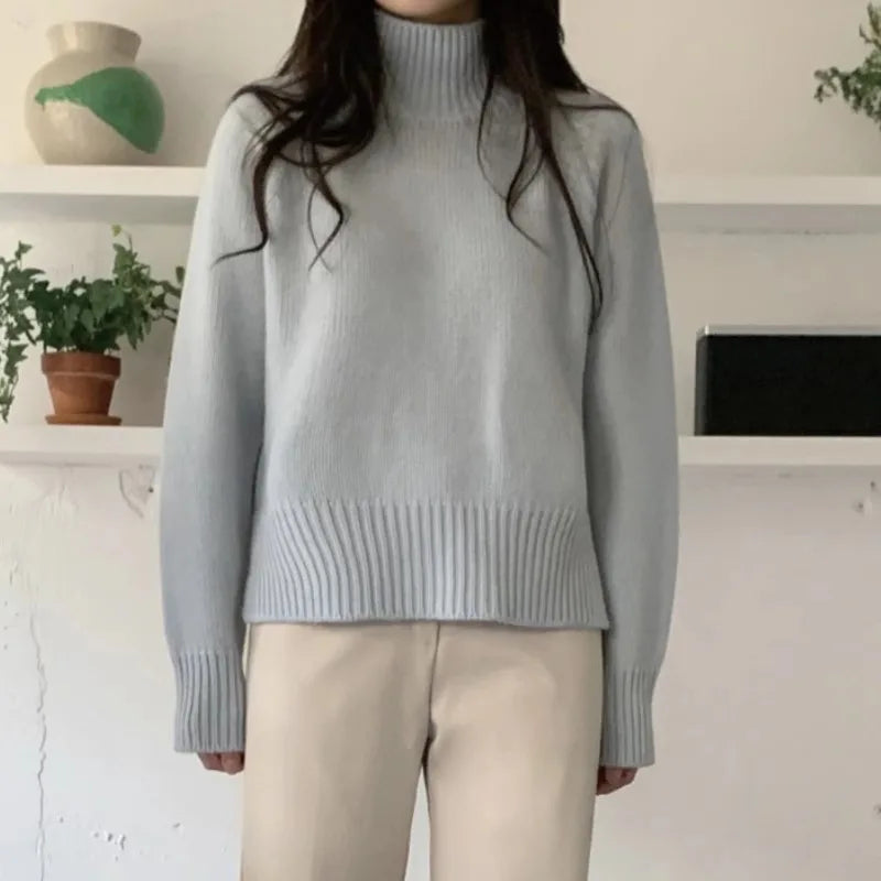 Euro-american style autumn and winter turtleneck slit 100% pure cashmere sweater for women loose thick knit wool base sweater
