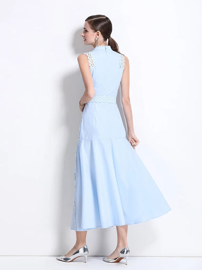 Elegant Women's Sleeveless midi dress Slim 2025 Summer Sky blue Lace patchwork dresses Luxury Black White Vestidos INKEO 5D069