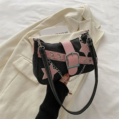 Y2k Fashion Women's Handbags Stars Pattern Cool Girls Underarm Bag Fashion Female Small Shoulder Bags Chain Tote Purses