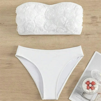 Sexy Flowers Bikini White Y2K Bandeau Swimsuit Push Up Bathing Suit 3D Floral Swimwear Women Highwaist Beach Set Vacation Outfit