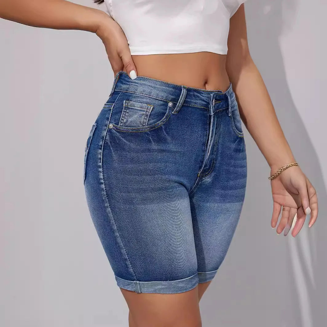 Europe and The United States New Fashion High-waisted Denim Shorts Women's Summer Stretch High-waisted Casual Straight Leg Jeans