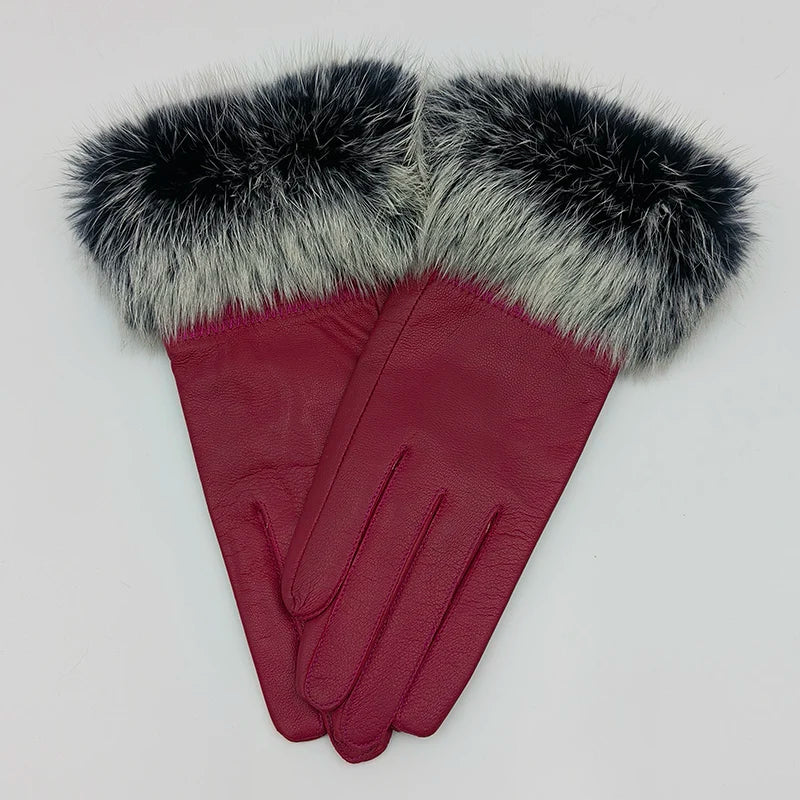 2025 Women Winter Warm Genuine Sheep Leather Glove With Real Fur Trimming Female Warm Real Leather Fur High Quality Mittens