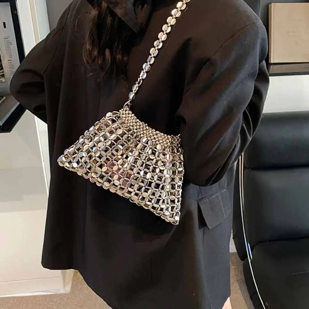 Casual Sequin Evening Banquet Bag Temperament Underarm Bag Woven Beaded Crossbody Bag Mini Small Purse Silver Shiny Bag Women