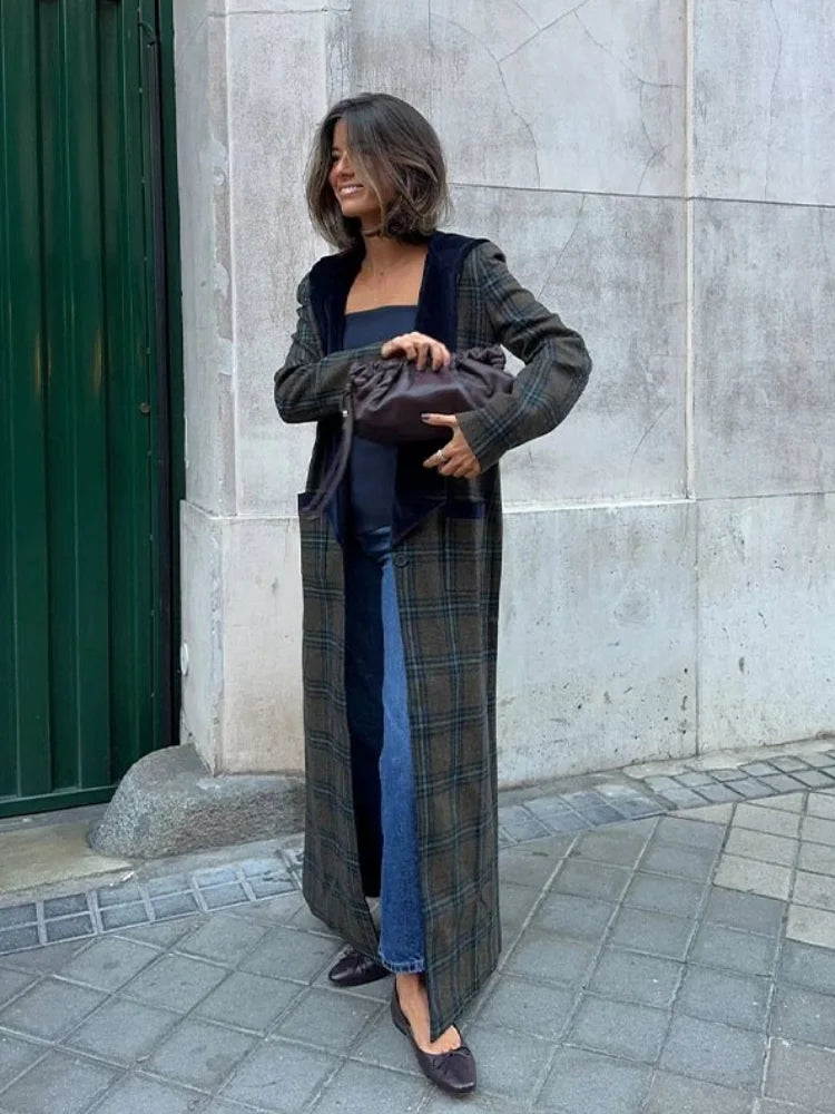 Woolen Plaid Long Coat Women Turn-down Collar Loose Long Sleeve Button Elegant Outwear Female Thicken 2025 Spring Street Jacket