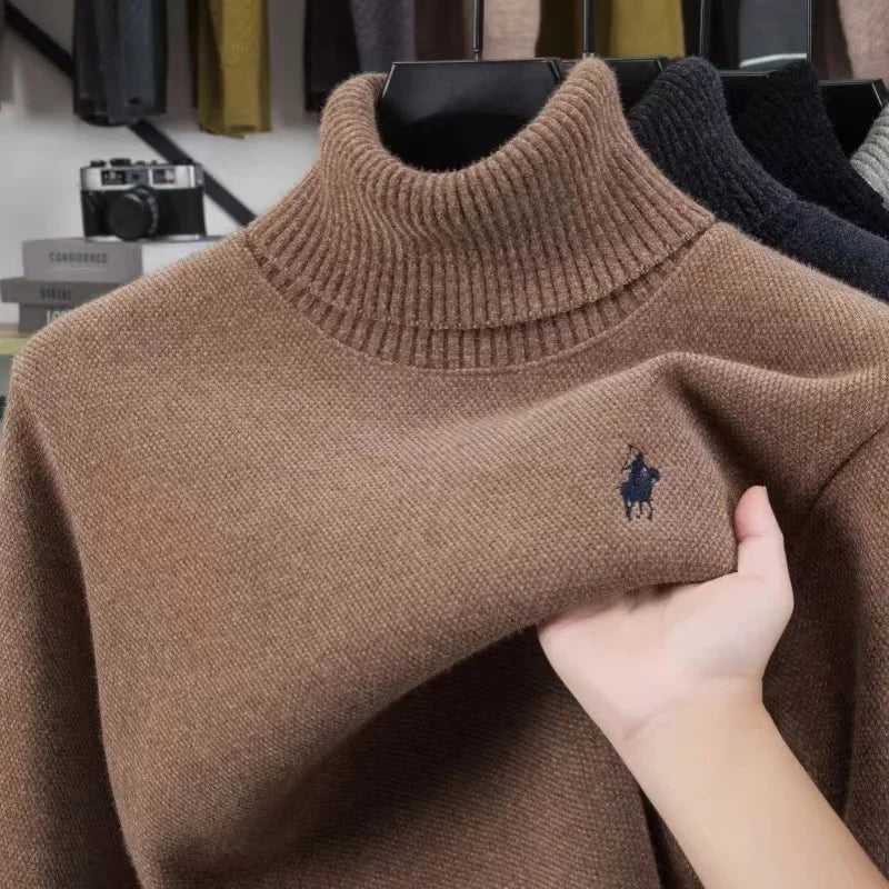 High end brand velvet sweater men's new fashion designer exquisite pony golf embroidery winter warm high neck knitted pullover