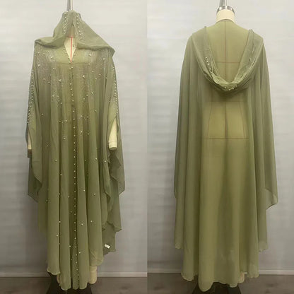 Middle East African Dresses for Woman Luxury Diamond Bead Muslim Long Robe Veiled Women Wearing Hooded Cloak Bat Sleeve Dress