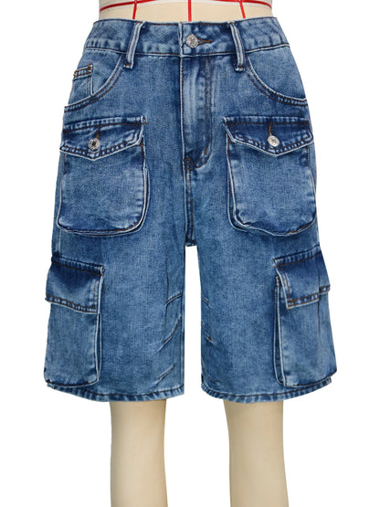 Shorts Women Knee Length Cargo Jeans Multiple Pockets High Waist Washed Distressed Streetwear 2025 Summer Denims Short Pants