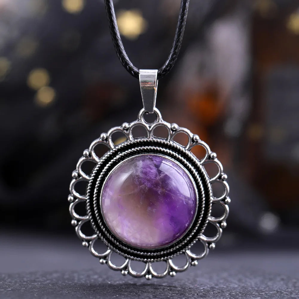 Lace Agate Necklace Vintage Style Round Pendant Necklace Handmade Necklace Gemstone Necklace Crystal Stone Necklace for Women