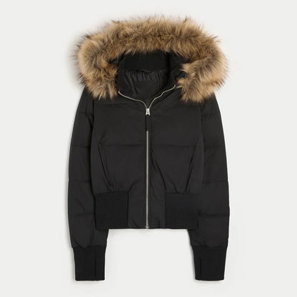 Fashion Women's Faux Fur Hooded Quilted Coat 2025 Winter Full Sleeve Zipper Pocket Cropped Jacket Chic New Lady Padded Outerwear
