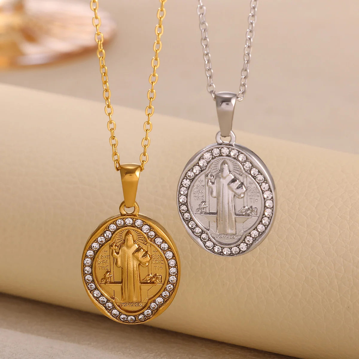 Virgin Mary Pendant With Diamonds Necklace For Women Gold Color Medal Charm Stainless Steel Religious Punk Jewelry Easter Gift