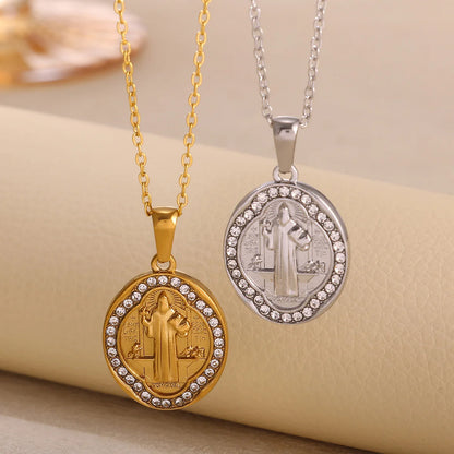 Virgin Mary Pendant With Diamonds Necklace For Women Gold Color Medal Charm Stainless Steel Religious Punk Jewelry Easter Gift