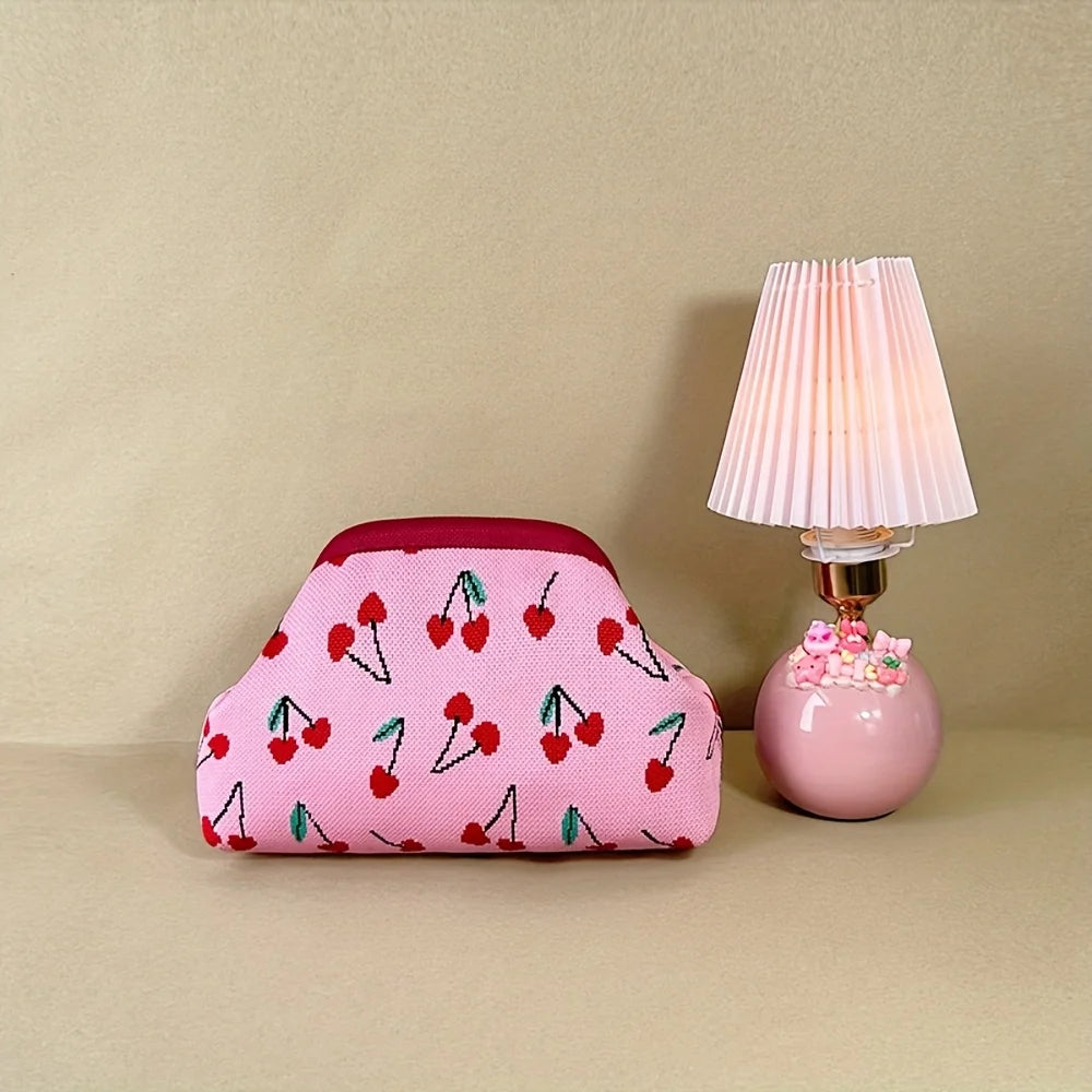 New women's cherry embroidery printed handbag, fashionable and convenient fly-knitted bag, versatile commuter cloud bag.