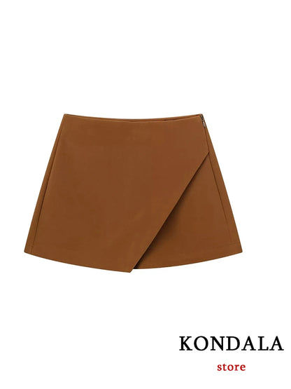 KONDALA Women Fashion 2025 Casual Mini Asymmetrical Skirts Shorts High Waist Back Pockets Wide Leg Skirts Zipper Female Shorts