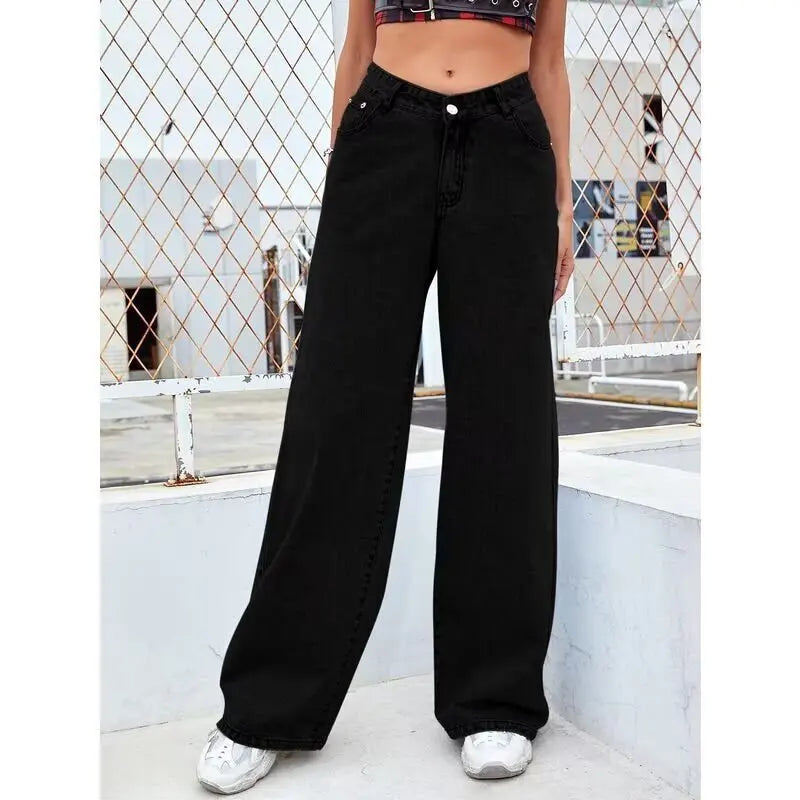 Loose Straight Leg Wide Leg Jeans Casual Sle l Waist Folded Fabric Stand Edition Slight Elastici Pure Color Wome...
