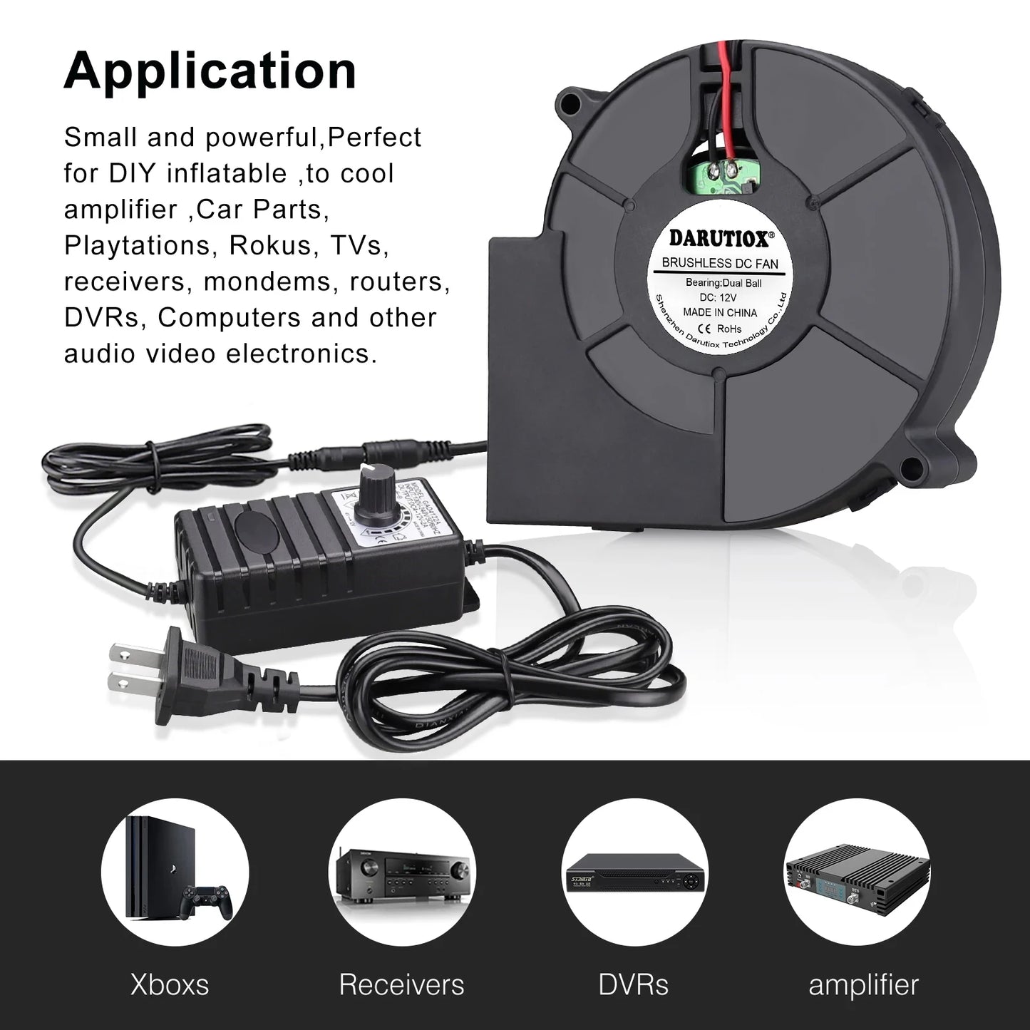 97MM Turbo Blower Fan 12V DC Female Connector 97x94x33mm Centrifugal Cooling Fan w/ AC 100V 220V Power Adapter Adjustable Speed
