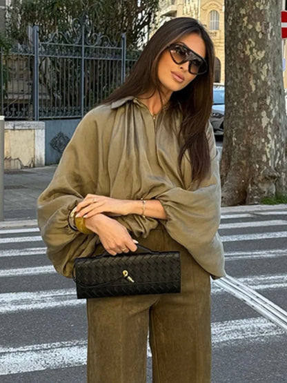 Pleated Zipper Green Oversize Jacket Women Long Lantern Sleeve Lapel Folds Elegant 2025 Spring Coat Street Commuter Lady Tops