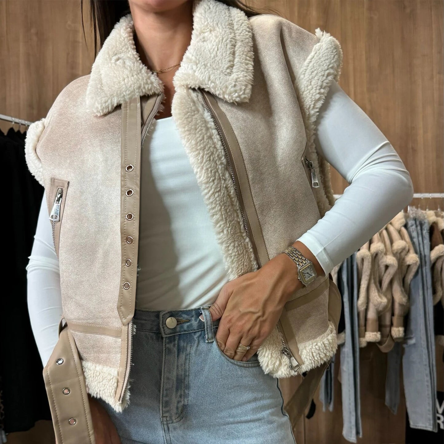 Women Winter Faux Suede Vest Sleeveless Zipper Up Fleece Sherpa Lined Jacket Fashion Solid Color Casual Outerwear Coat!