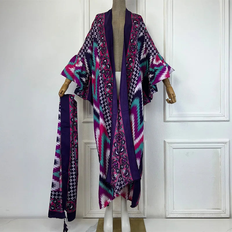 WINYI cotton feeling kimono print Self Belted dress Women Elegant holiday Bubble sleeve cardigan beach Wear Swim Suit cover up