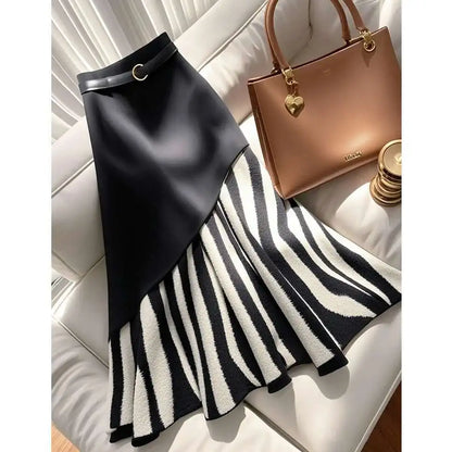 Irregualr Design Waistband Wrapped Hip Slim Mermaid Skirt Women's 2025 Spring New Tide Striped Patchwork Half Long Skirt