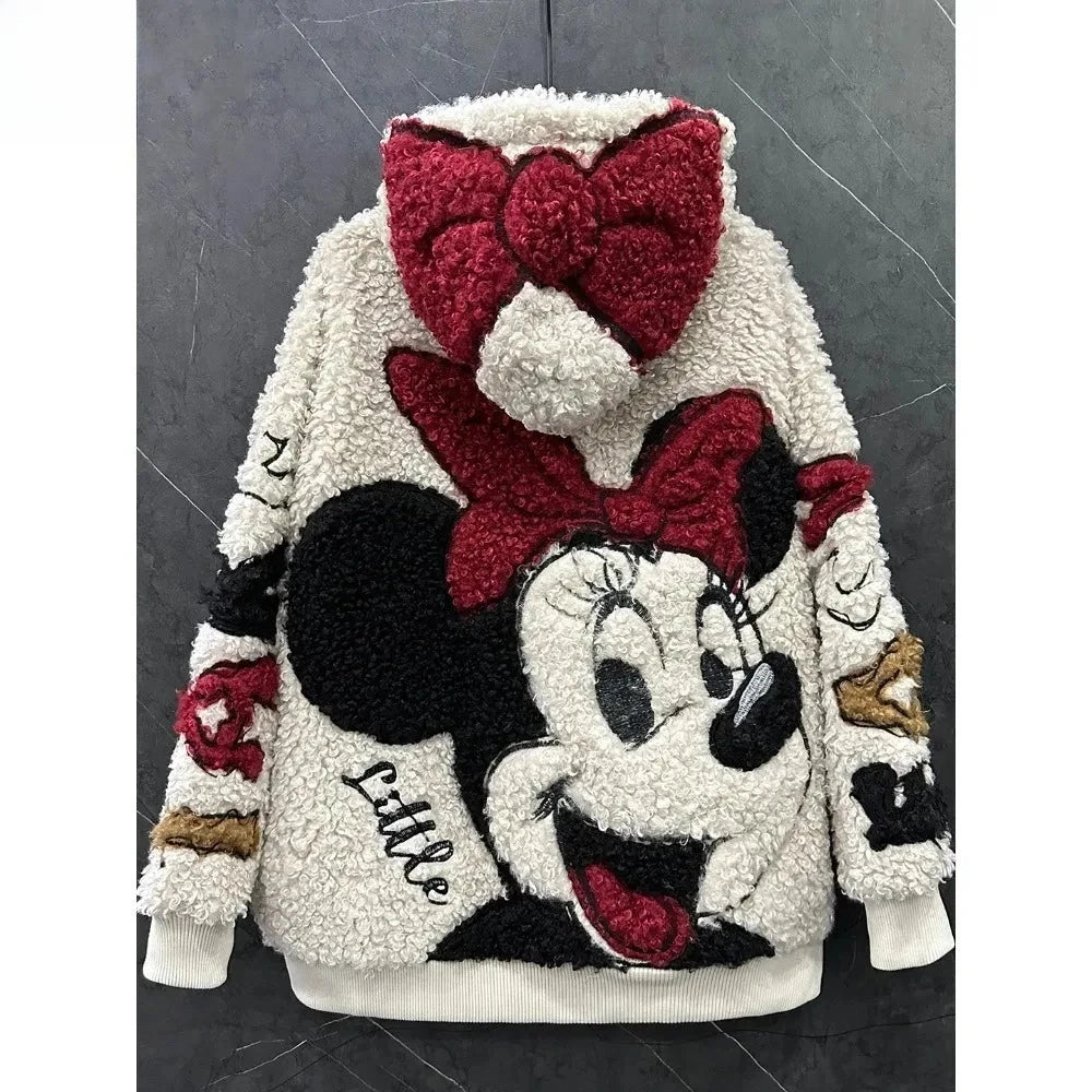 2026 Autumn and Winter Cartoon Minnie Lamb Wool Hooded Cardigan Jacket Women's Loose Casual Sweet Top