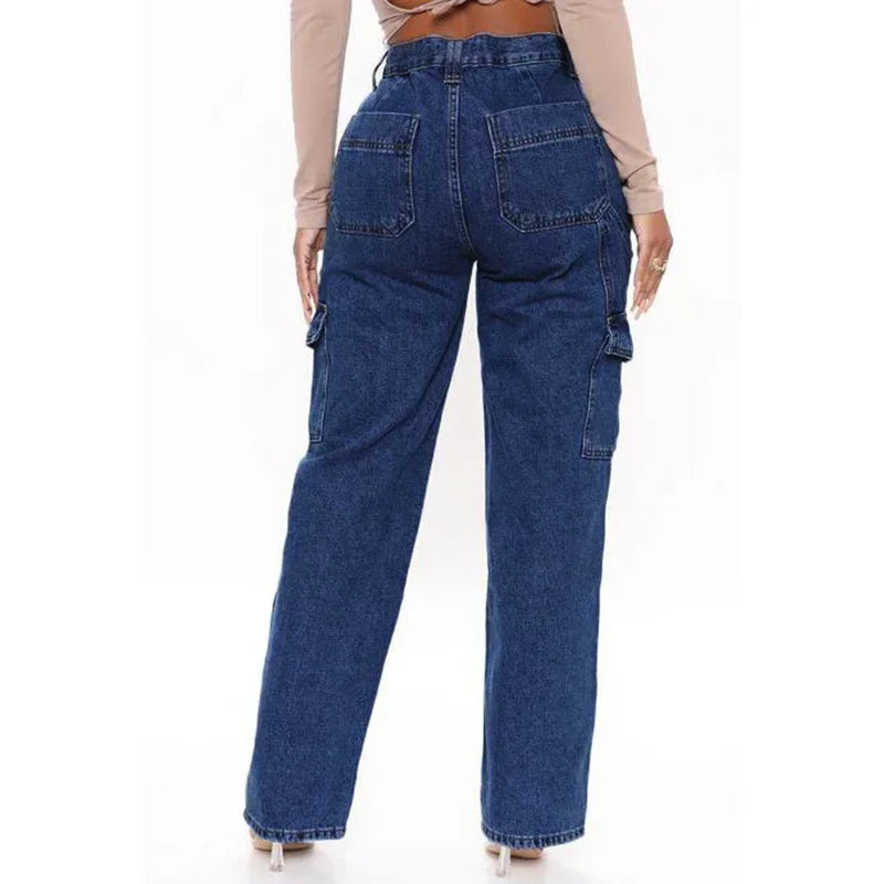 Woman High Waist American Cargo Jeans Lady Straight Leg Cross Pants Girls Fashion Light Blue Dark Blue Black Gray Denim Trousers