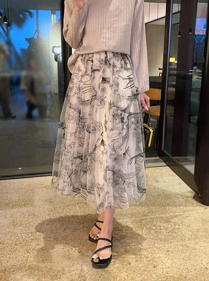 Women Flocking Flower Tulle Gauze Skirt Elegant Sweet Elastic Waist Midi Floral Mesh Skirt For All Season