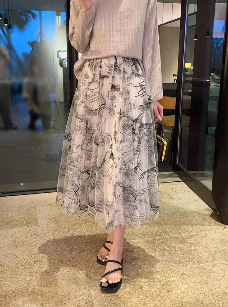 Women Flocking Flower Tulle Gauze Skirt Elegant Sweet Elastic Waist Midi Floral Mesh Skirt For All Season