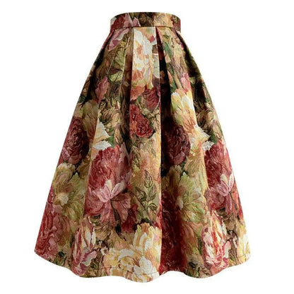 Women's Vintage Oil Painting Floral Skirt Korean Fashion High Waist Pockets Jacquard Thickened Skirts S-XXXL 2024 Spring K219