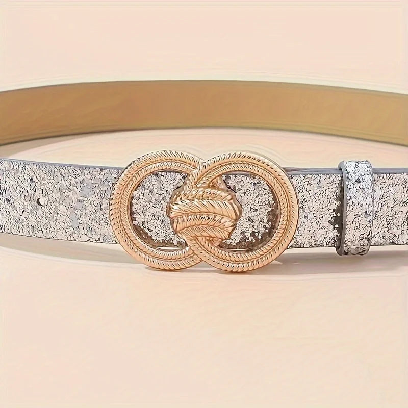 1pc Women's Silver Fashion Double Ring Carved Buckle Metal Bright Pu Belt Versatile Dress Jacket Jeans Accessory Belt