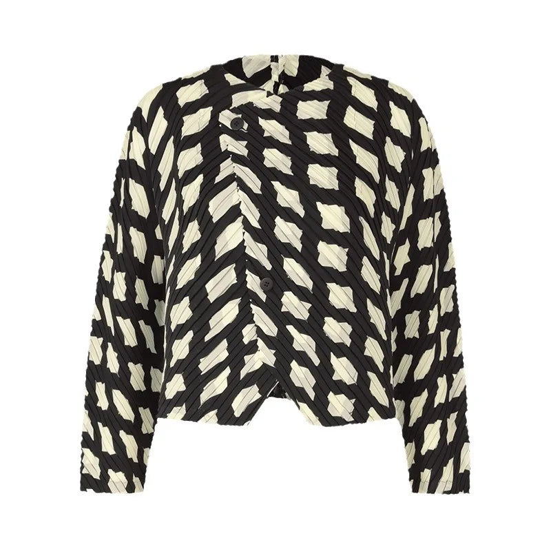 Miyake Pleated Twill Color Blocking Long Sleeved Jacket Women New Fashion Double Button Causal Short Coats