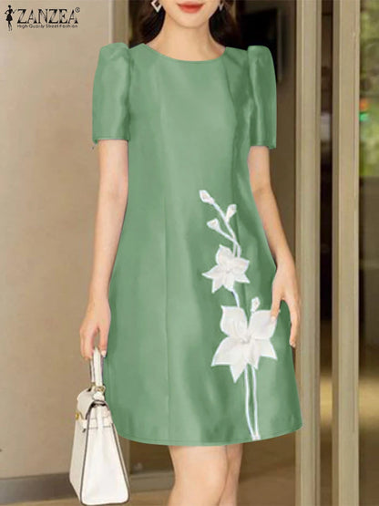 Women Elegant Party Dress Summer Casual Floral Work Vestidos Robe Sarafan 2024 ZANZEA Fashion Short Sleeve Embroidery Dresses