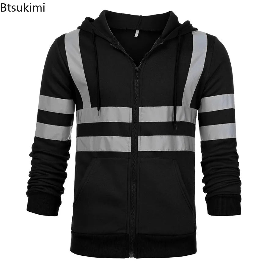 New Men's Reflective Strip Hoodie Jackets Spring Autumn Zipper Long Sleeve Fleece Sweatshirts High Visibility Night Work Jackets