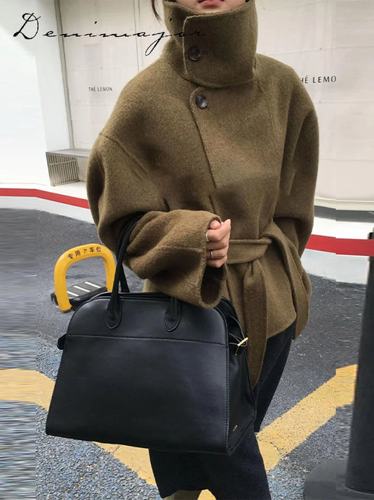 Elegant Women's Belt Stand Collar Woolen Coat Chic Single Breasted Full Sleeve Jacket 2025 Autumn Winter Lady Commute Streetwear