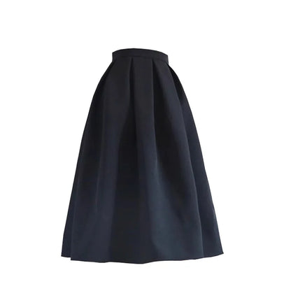 High Waist A-Line Midi Skirt Bla New Retro Pleated Fluffy f-length Spring Autumn Winter Seasonal Wear Polyester Fiber